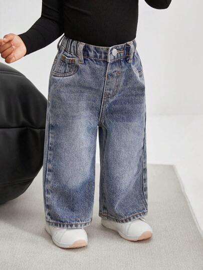 SHEIN جينز أزرق خفيف مستقيم للبنات الصغيرات بطراز عتيق