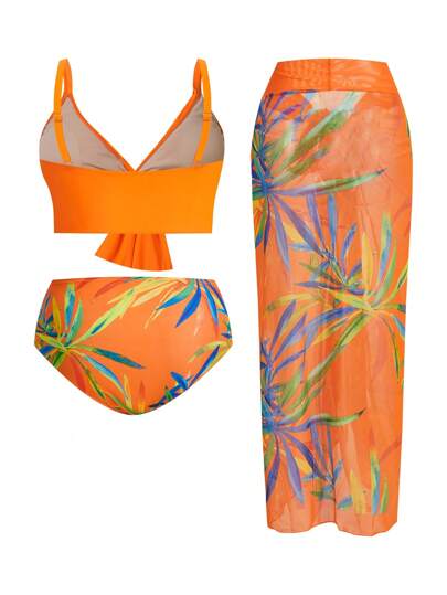 Swim Oasis 3 قطعة/مجموعة ملابس السباحة مقاس كبير مطبوع بشكل الفيونكة بليزر وبيكيني و تنانير للحمام للنساء، بنطلون للشاطئ والعطلات الصيفية