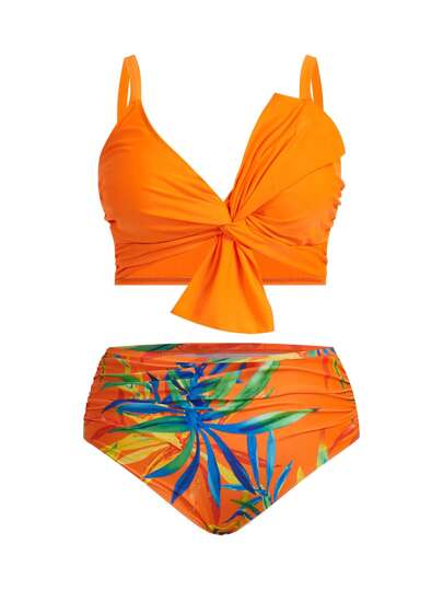 Swim Oasis 3 قطعة/مجموعة ملابس السباحة مقاس كبير مطبوع بشكل الفيونكة بليزر وبيكيني و تنانير للحمام للنساء، بنطلون للشاطئ والعطلات الصيفية