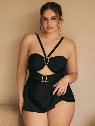 Swim Chiccia بكيني سباحة كبير الحجم ملابس علوية معدنية ذات حزام قابل للضبط وتفاصيل ظهر للاستخدام على الشاطئ