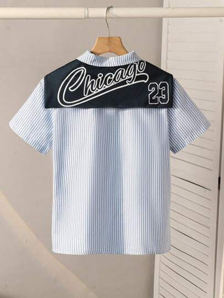 SHEIN Genkimix Kids قميص أزرق مخطط مع قميص كولاري أزرق كحلي بطبعة حرفية لفتى المراهق