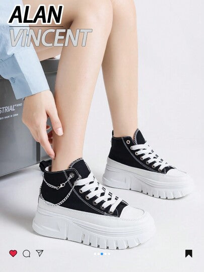 Alan Vincent أحذية كانفاس للنساء عالية القمة باللون الأسود ذات سلسلة فضية على المنصة، أحذية رياضية عصرية تزيد من الطول ، أحذية نسائية سوداء