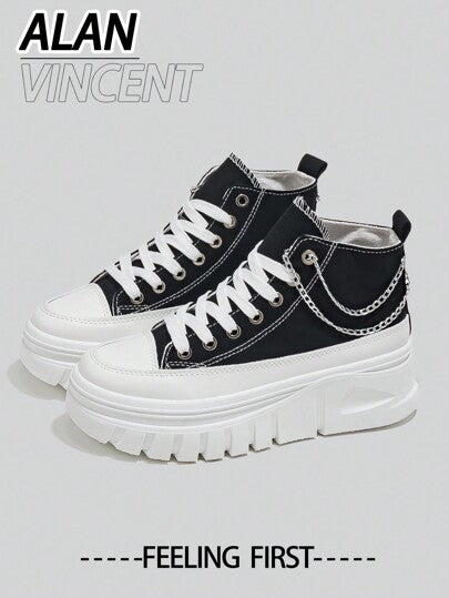 Alan Vincent أحذية كانفاس للنساء عالية القمة باللون الأسود ذات سلسلة فضية على المنصة، أحذية رياضية عصرية تزيد من الطول ، أحذية نسائية سوداء