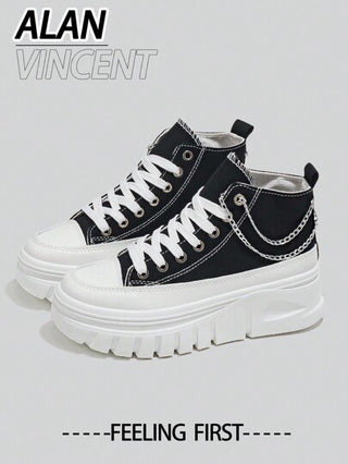 Alan Vincent أحذية كانفاس للنساء عالية القمة باللون الأسود ذات سلسلة فضية على المنصة، أحذية رياضية عصرية تزيد من الطول ، أحذية نسائية سوداء