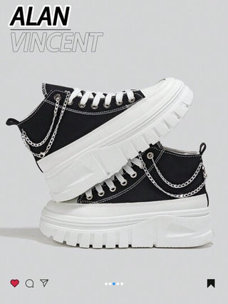 Alan Vincent أحذية كانفاس للنساء عالية القمة باللون الأسود ذات سلسلة فضية على المنصة، أحذية رياضية عصرية تزيد من الطول ، أحذية نسائية سوداء