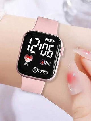 مجموعة 5 قطع ساعة رقمية شاشة روزبشاشة سيليكون مودرن، سوار و عقد وأقراط بشكل قلب، هدية عيد ميلاد أطفال مناسبة للاستخدام اليومي