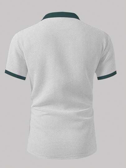 تي شيرت بولو عادي بأكمام قصيرة باللون المركب، طباعة رقمية ثلاثية الأبعاد على نسيج وافل بسيط للأعمال والتنقل، فتحة سحاب عادي