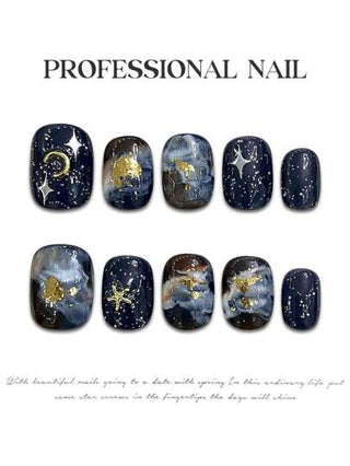 YADORNOS 10 قطع أظافر مستعارة فاخرة مستديرة قصيرة مصنوعة يدويًا بتصميم بصمة الرخام، مع قطعتين من أدوات الصق الأظافر المناسبة للحياة اليومية للسيدات والبنات.