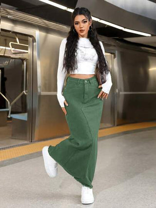 EZwear تنورة ستان طويلة مستقيمة كاجوال مع جيوب