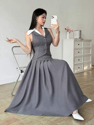 Modelyn مجموعة 2 قطعة سترة أكمام ذات ياقة رفيعة تظهر الخصر وتنورة قصيرة للنساء