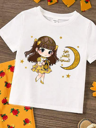رمضان مجموعة قميص بياقة دائرية وبنطلون كاجوال بطبعة فتاة كرتونية مميزة، مناسبة للربيع والصيف للبنات الصغيرات
