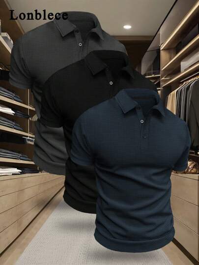 Lonblece 3 قطع قميص بولو كاجوال قصير الأكمام للرجال، مصنوع من خامة الشير ساكر المنفوخ من البامبو، ملابس راحة راقية ومريحة للجولف