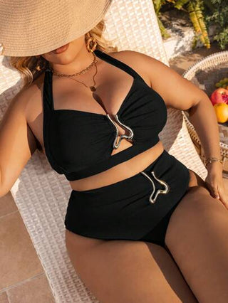 Swim SXY مجموعة بكيني للشاطئ في الصيف للمقاسات الكبيرة ذو خصر عالي من قطعتين، مزين بشريط أسيمتري