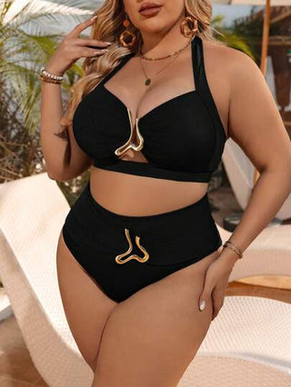 Swim SXY مجموعة بكيني للشاطئ في الصيف للمقاسات الكبيرة ذو خصر عالي من قطعتين، مزين بشريط أسيمتري