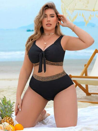 Swim Lushoire مجموعة بكيني للسيدات بمقاسات كبيرة مكونة من قطعتين، قماش نسيج خشن، ربطة أمامية للصدر وخصر عالي، ملابس سباحة أنيقة وجذابة للعطلات والشاطئ في فصل الصيف