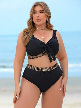 Swim Lushoire مجموعة بكيني للسيدات بمقاسات كبيرة مكونة من قطعتين، قماش نسيج خشن، ربطة أمامية للصدر وخصر عالي، ملابس سباحة أنيقة وجذابة للعطلات والشاطئ في فصل الصيف