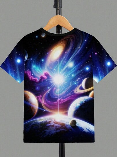 تي شيرت كاجوال مريح مطبوع بطبعة المغامرة والاستكشاف الفضائي مناسب للأولاد في الصيف للارتداء خارجيًا