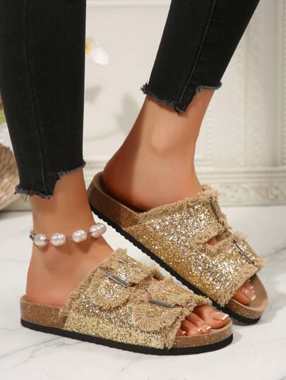 نعال صنادل للسيدات السمينات مع شراشيب، بنعل ناعم من الجلد مع إبزيم، تصميم متميز كلاسيكي، شبشب سميك للاستخدام اليومي