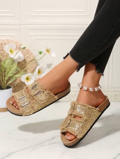 نعال صنادل للسيدات السمينات مع شراشيب، بنعل ناعم من الجلد مع إبزيم، تصميم متميز كلاسيكي، شبشب سميك للاستخدام اليومي