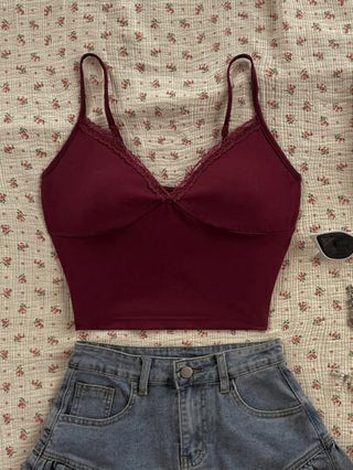 EZwear ملابس علوية نسائي بأشرطة رفيعة وتفصيل من الدانتيل بلا أكمام، سهل الارتداء في الحياة اليومية، قمصان كاميهات حمراي حريرية