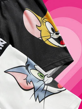 TOM & JERRY X SHEIN 2 قطعة ملابس داخلية رجالية بطبعات جرافيك كرتونية جميلة وشريط بحروف، باللونين الأبيض والأسود، مريحة وكاجوال