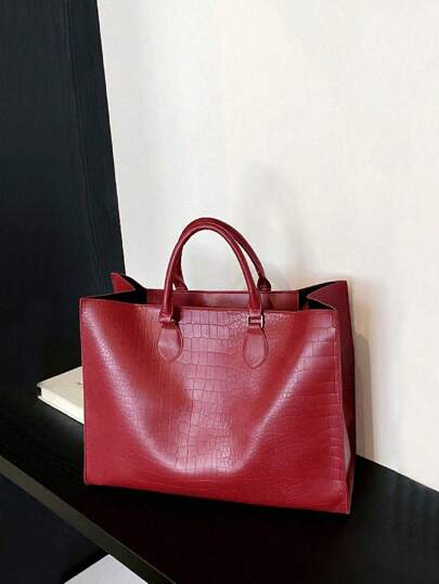 حقيبة تسوق وسفر عملية متعددة المواسم بطباعة جلد الثعبان ذات حجم كبير، بلون بني غامق عصري، حقائب تسوق عصرية للسيدات