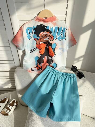 2 طقم ملابس أولاد كاجوال رياضي بطراز الكلية والشارع، ملابس ذات قصة فضفاضة مطبوعة بطراز الجرافيتي على قميص وشورت، مناسبة للحفلات والأعياد والمناسبات والمدرسة والسفر والرياضة، مناسبة للربيع والصيف
