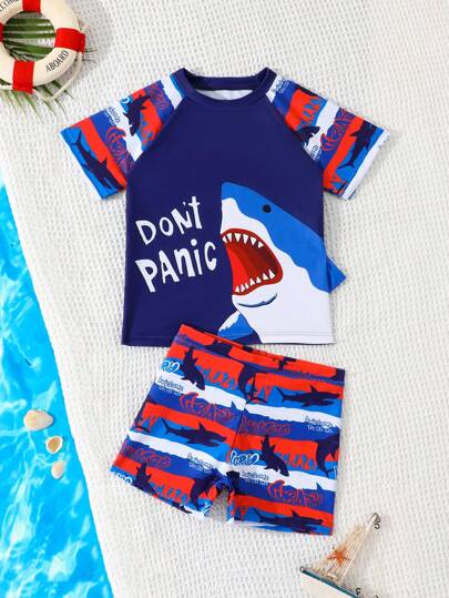 مايوه أولادي طقم سباحة قصير الأكمام بنقشة مطبوعة وقصة رقبة دائرية للصبي الصغير