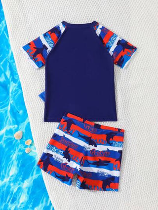 مايوه أولادي طقم سباحة قصير الأكمام بنقشة مطبوعة وقصة رقبة دائرية للصبي الصغير