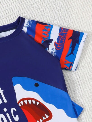 مايوه أولادي طقم سباحة قصير الأكمام بنقشة مطبوعة وقصة رقبة دائرية للصبي الصغير