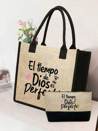 حقيبة كانفاس كبيرة السعة بطبعة حرف "El-Tiempo" بتصميم عصري للنساء، مع حقيبة مكياج بسيطة وحقيبة عملات معدنية، حقيبة يد كنفاس متعددة الوظائف قابلة للحمل وللتخزين والتسوق، تصميم جديد وذات سعة كبيرة، خيار مثالي للتسوق وللأعمال المحمولة الكاملة