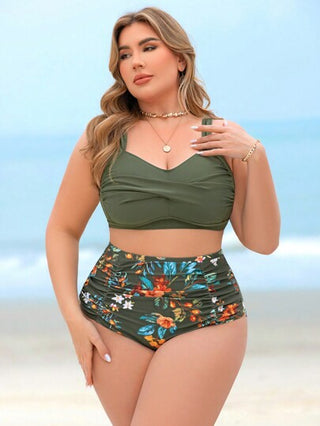 Swim Lushoire مجموعة ملابس سباحة مناسبة للسيدات بمقاس كبير , مكونة من 2 قطعة ذات خصر عالي مع طباعة عشوائية, محتشمة التفاصيل والتصميم مناسبة للصيف والعطلات على الشاطئ