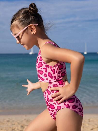 قطعة سباحة واحدة موديل الفتاة الصغيرة بطبعة نمر وردية ، تصميم مفرغ على الخصر ، مناسبة تمامًا للشاطئ والإجازة والسباحة في الصيف