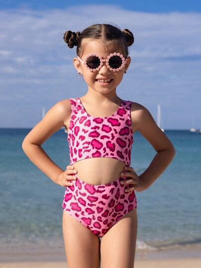 قطعة سباحة واحدة موديل الفتاة الصغيرة بطبعة نمر وردية ، تصميم مفرغ على الخصر ، مناسبة تمامًا للشاطئ والإجازة والسباحة في الصيف