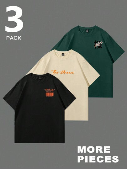 Manfinity Homme 3 قطع تيشيرتات قصيرة الأكمام بياقة مستديرة بتصميم رسومي بحرفي مناسب للصيف ملائم وفضفاض، للأصدقاء