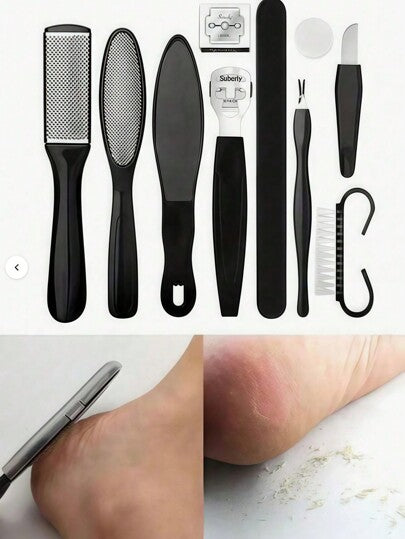 طقم تنظيف وتقشير القدمين،مجموعة 10 في 1 لأداوات العناية بالقدم، مقشر لإزالة الجلد الميت والندبات، مبرشة، فرشاة،منظم، حقيبة للتخزين
