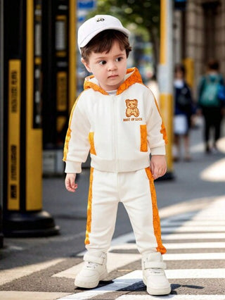 طقم لبس شتوي لطفل صبي من قطعتين: هوديي وبنطلون، مطرز بالدب والطباعة، كاجوال وجميل، مناسب للاستخدام اليومي والخارجي