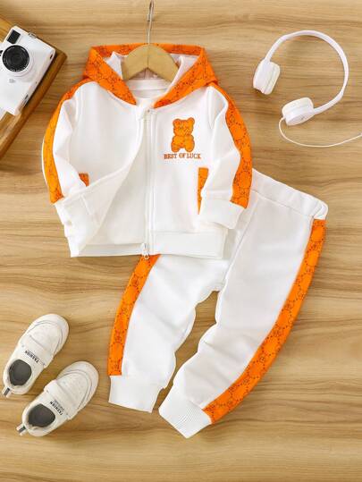 طقم لبس شتوي لطفل صبي من قطعتين: هوديي وبنطلون، مطرز بالدب والطباعة، كاجوال وجميل، مناسب للاستخدام اليومي والخارجي