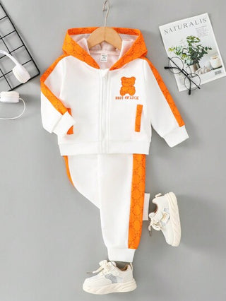 طقم لبس شتوي لطفل صبي من قطعتين: هوديي وبنطلون، مطرز بالدب والطباعة، كاجوال وجميل، مناسب للاستخدام اليومي والخارجي