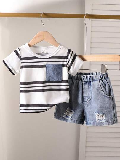 طقم 2 قطعة لأطفال الرضع والأطفال الصغار من الأولاد - تي شيرت قصير الأكمام بياقة دائرية وجيب ، وشورت جينز ممزق مغسول - للربيع والصيف