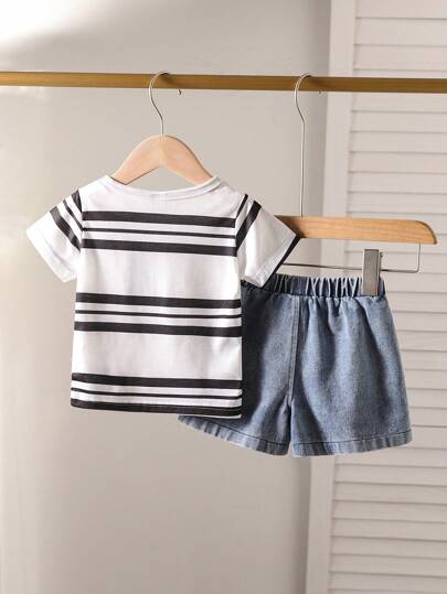 طقم 2 قطعة لأطفال الرضع والأطفال الصغار من الأولاد - تي شيرت قصير الأكمام بياقة دائرية وجيب ، وشورت جينز ممزق مغسول - للربيع والصيف