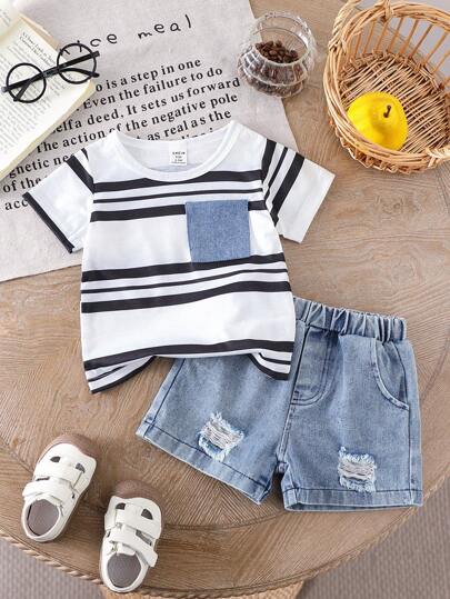 طقم 2 قطعة لأطفال الرضع والأطفال الصغار من الأولاد - تي شيرت قصير الأكمام بياقة دائرية وجيب ، وشورت جينز ممزق مغسول - للربيع والصيف