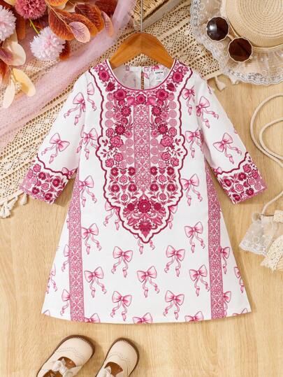 فساتين بيبي فستان ملائكي للرضع/أطفال البنات مطبوع بطبعة الفراشة مبطن بالكامل مع تفصيلات فيونكة، وكشكشة الهيمة وأكمام طويلة، مناسب للحفلات والولائم والخروجات، الربيع/الخريف (أزواج متطابقة للأم والطفل، 3 قطع تُباع بشكل منفصل)