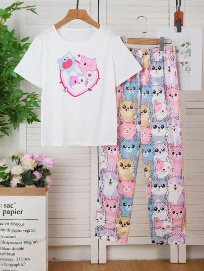 بيجاما بيجامات فتيات أطفال كبار بطبعة قطط لطيفة بتصميم كتل ألوان قلب INS