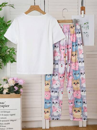 بيجاما بيجامات فتيات أطفال كبار بطبعة قطط لطيفة بتصميم كتل ألوان قلب INS