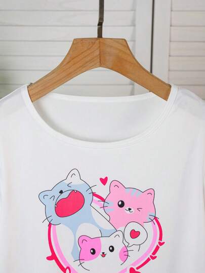 بيجاما بيجامات فتيات أطفال كبار بطبعة قطط لطيفة بتصميم كتل ألوان قلب INS