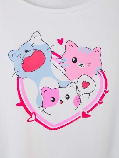 بيجاما بيجامات فتيات أطفال كبار بطبعة قطط لطيفة بتصميم كتل ألوان قلب INS