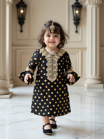 فساتين بيبي فستان سهرة طويل الأكمام أنيق بنقاط بيضاء على خلفية سوداء للبنات الصغار