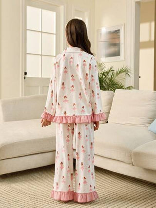 بيجاما طقم بيجامة مكون من قطعتين لبنات المراهقات ،ملابس علوية كم طويل بأزرار أمامية وبنطلون ناعم مريح بتصميم رسوم كرتونية جميلة، موديلات متماثلة للأخوة/الأخوات (يباع بشكل منفصل في مجموعتين)