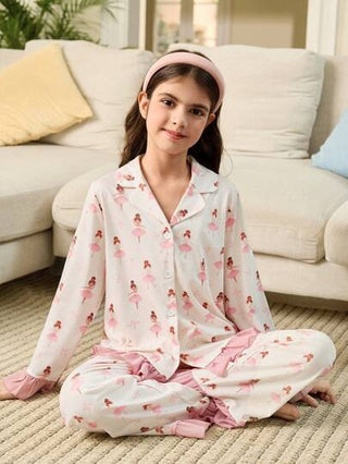 بيجاما طقم بيجامة مكون من قطعتين لبنات المراهقات ،ملابس علوية كم طويل بأزرار أمامية وبنطلون ناعم مريح بتصميم رسوم كرتونية جميلة، موديلات متماثلة للأخوة/الأخوات (يباع بشكل منفصل في مجموعتين)